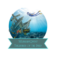 MiLibraryQuest logo with a shipwreck, divers, and text “MiLibraryQuest Treasures of the Deep”
